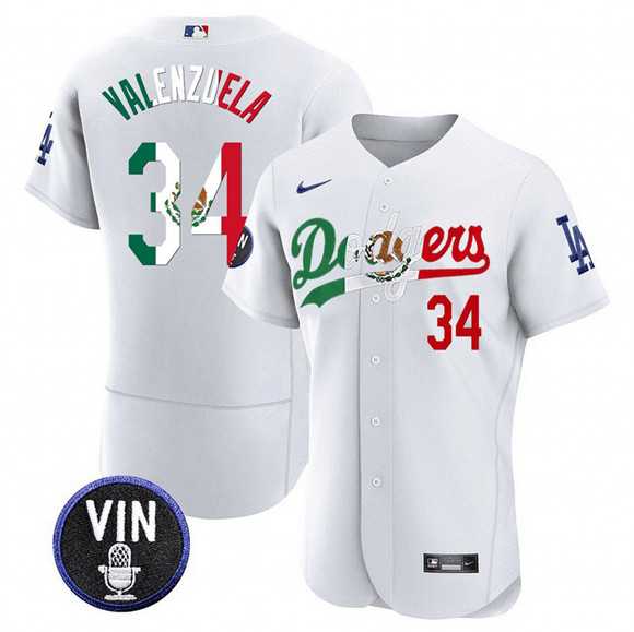 Men%27s Los Angeles Dodgers #34 Fernando Valenzuela White Mexico Special Vin Scully Patch Flex Base Stitched Jersey Dzhi->los angeles dodgers->MLB Jersey